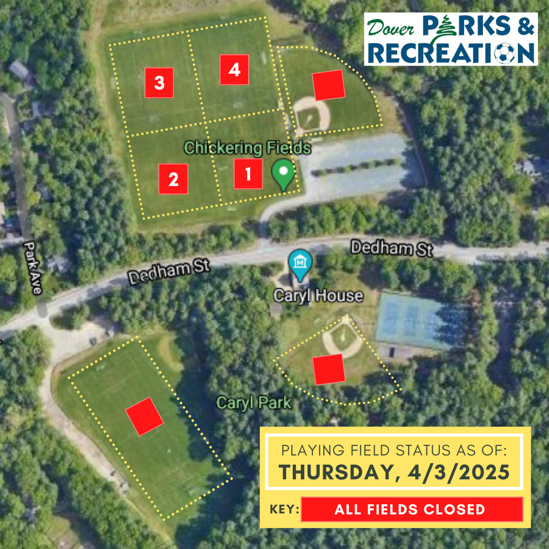 Satellite map image of seven athletic fields, each with red square denoting closed status
