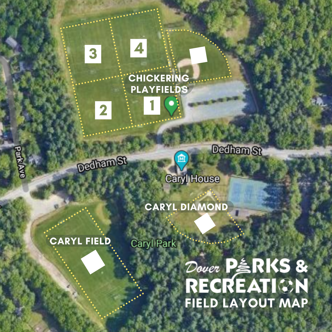 GPS satellite image of athletic fields, numbered and separated by yellow dotted lines