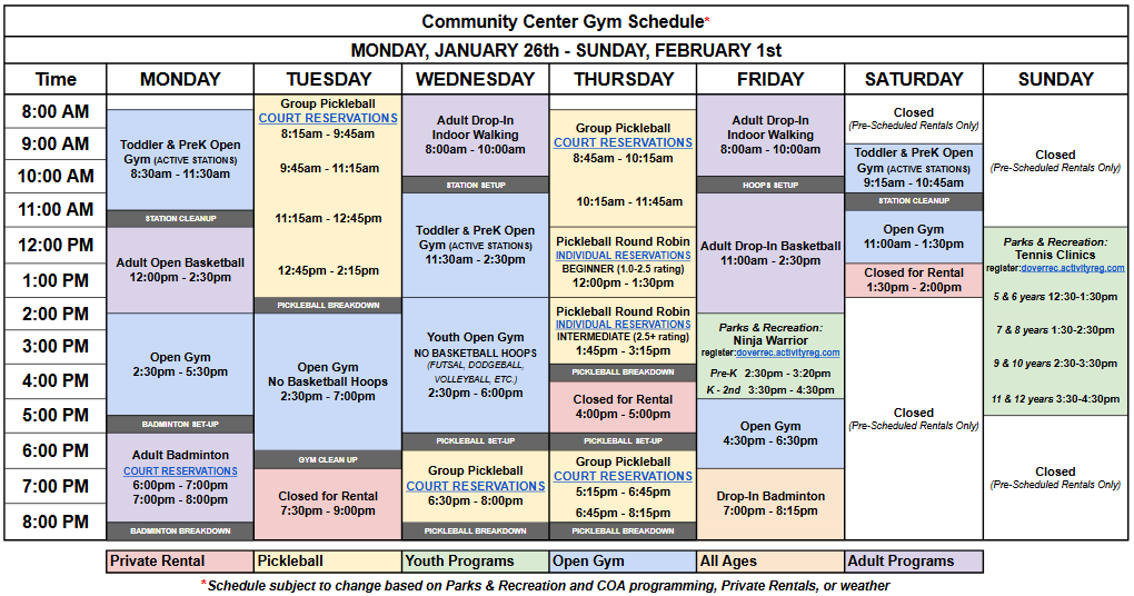 UPDATED Community Center Gym Schedule 1/26 - 2/1/2026