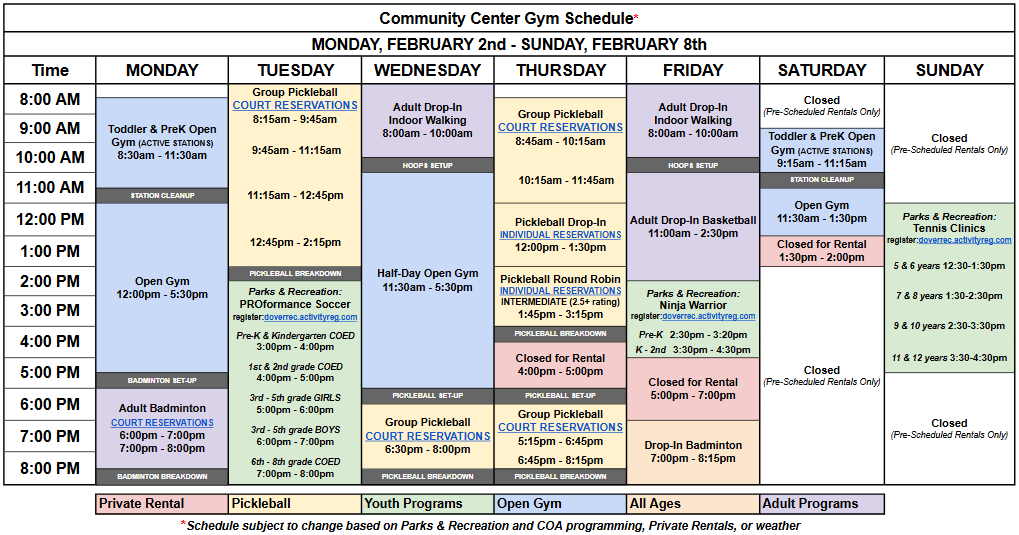 Community Center Gym Schedule for 2/2-2/8 (all text)